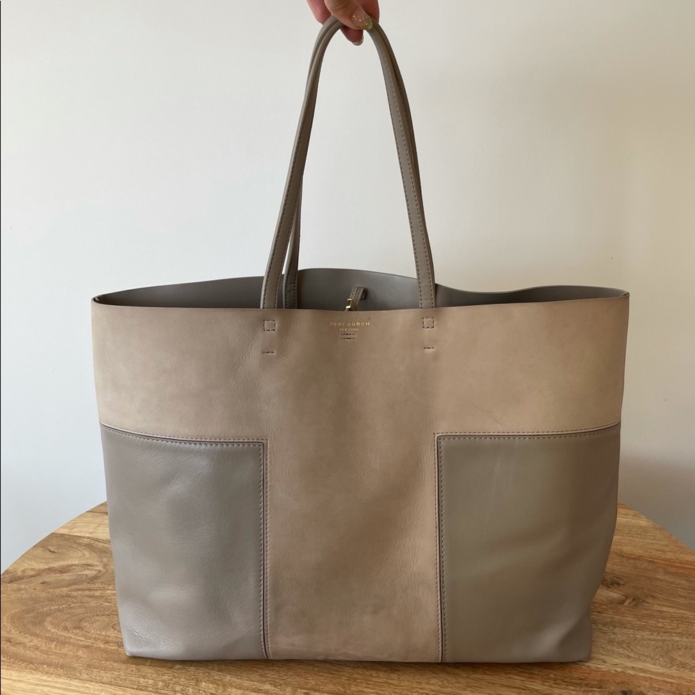 Tory Burch T Logo Suede and Leather Tote
